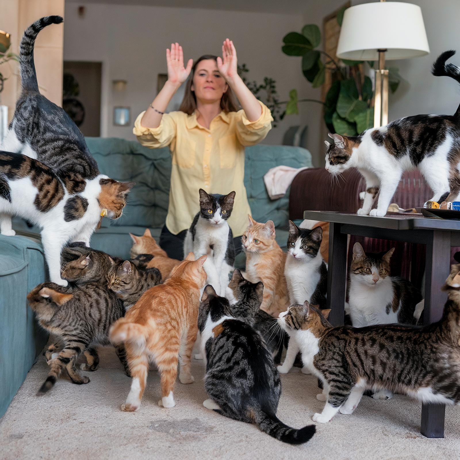 A picture of a human failing to get cats to do what they want