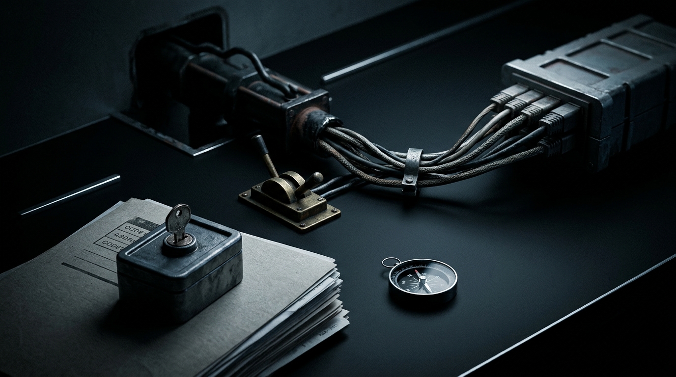 Austere editorial image representing the Pressure Systems edition “Mythos AI, Palantir NHS, and Nuclear Gambles”.