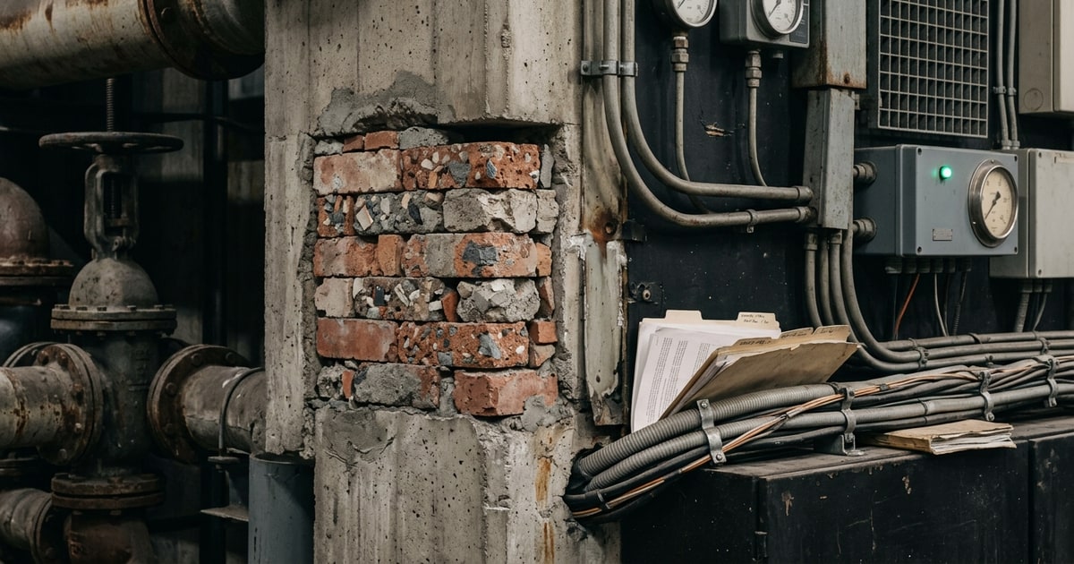Austere editorial image representing the Pressure Systems edition “Rubble Bricks, Memetic Trolls, and the Crumbling State”.