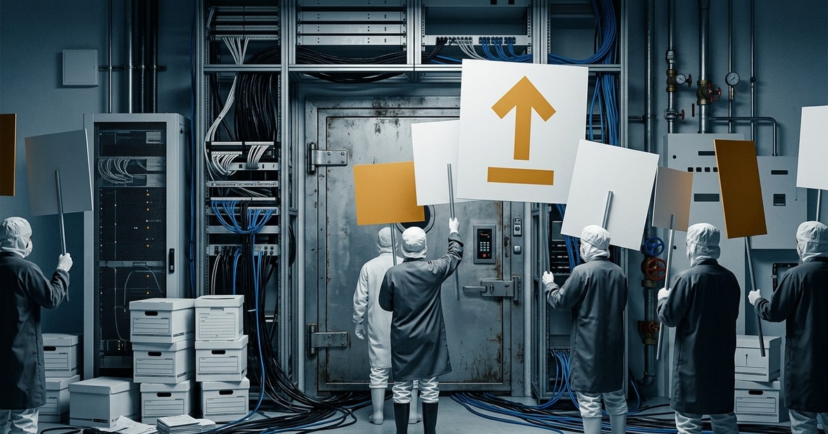 Austere editorial image representing the Pressure Systems edition “Chip Workers, AI Wealth, and the Starmer Implosion”.