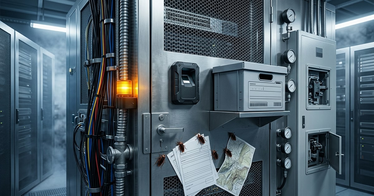 Austere editorial image representing the Pressure Systems edition “Data Center Enclosure, Biometrics, Cockroach Janta”.