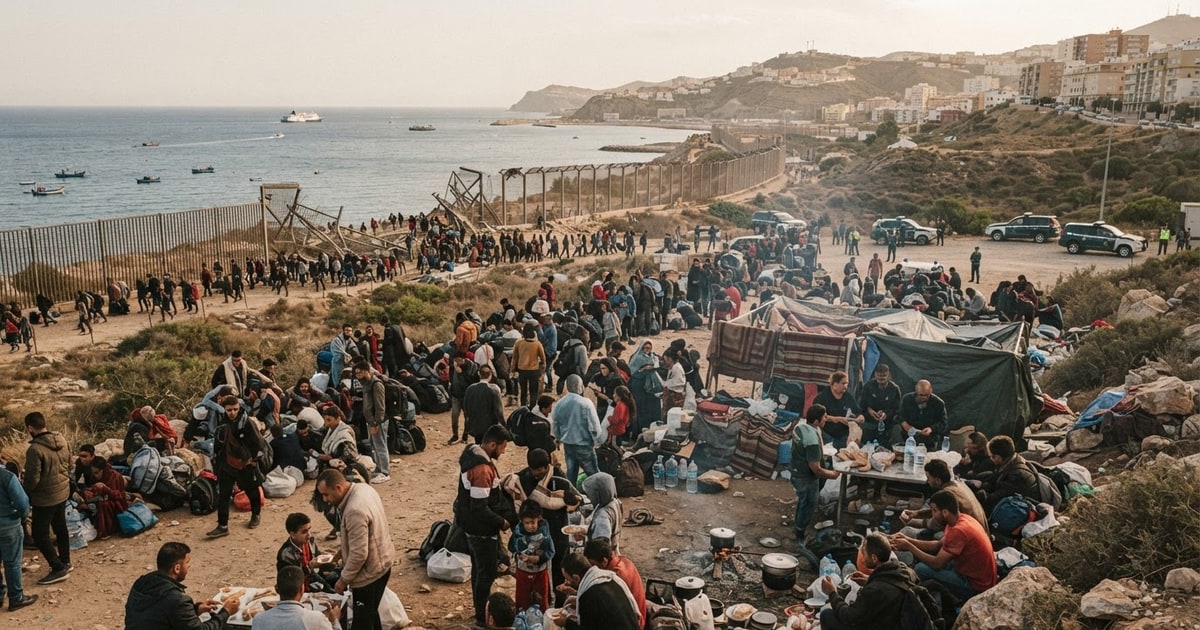Austere editorial image representing the Pressure Systems edition “Ceuta Border Surge Exposes Moroccan Migrant Exploitation and European Geopolitics”.
