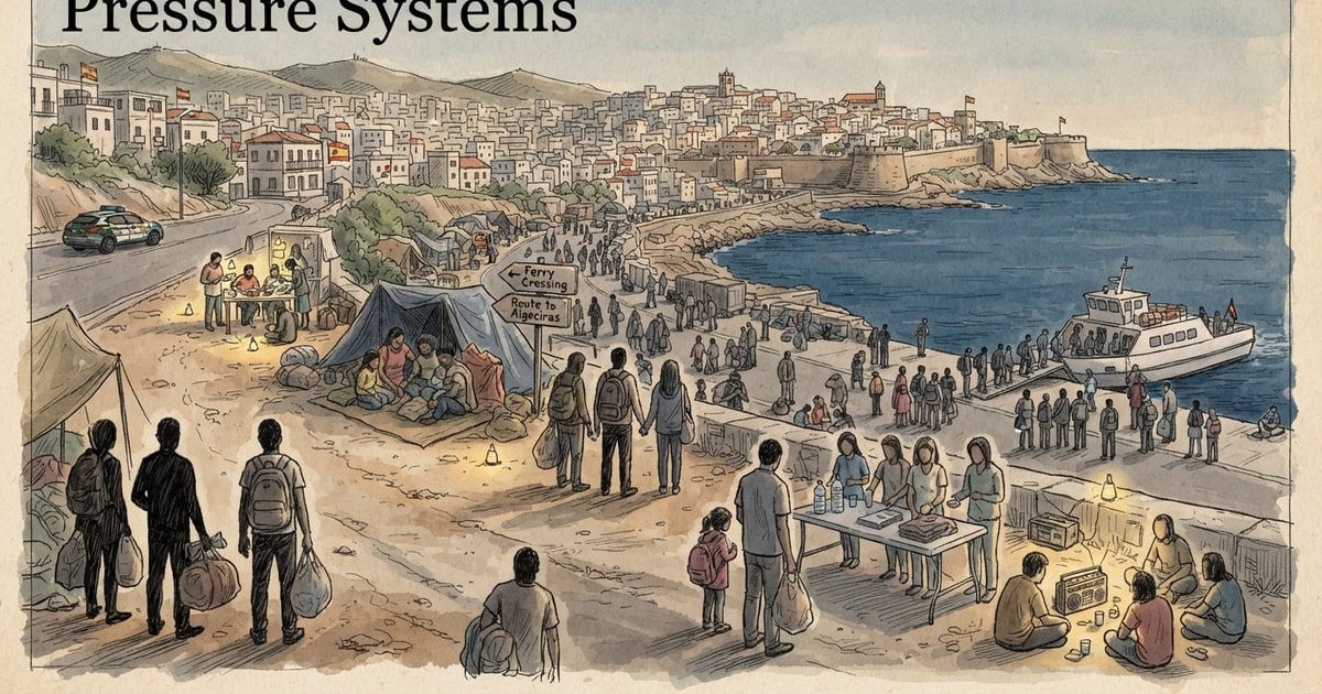Austere editorial image representing the Pressure Systems edition “Ceuta Border Crossings Test European Liberal Resolve”.
