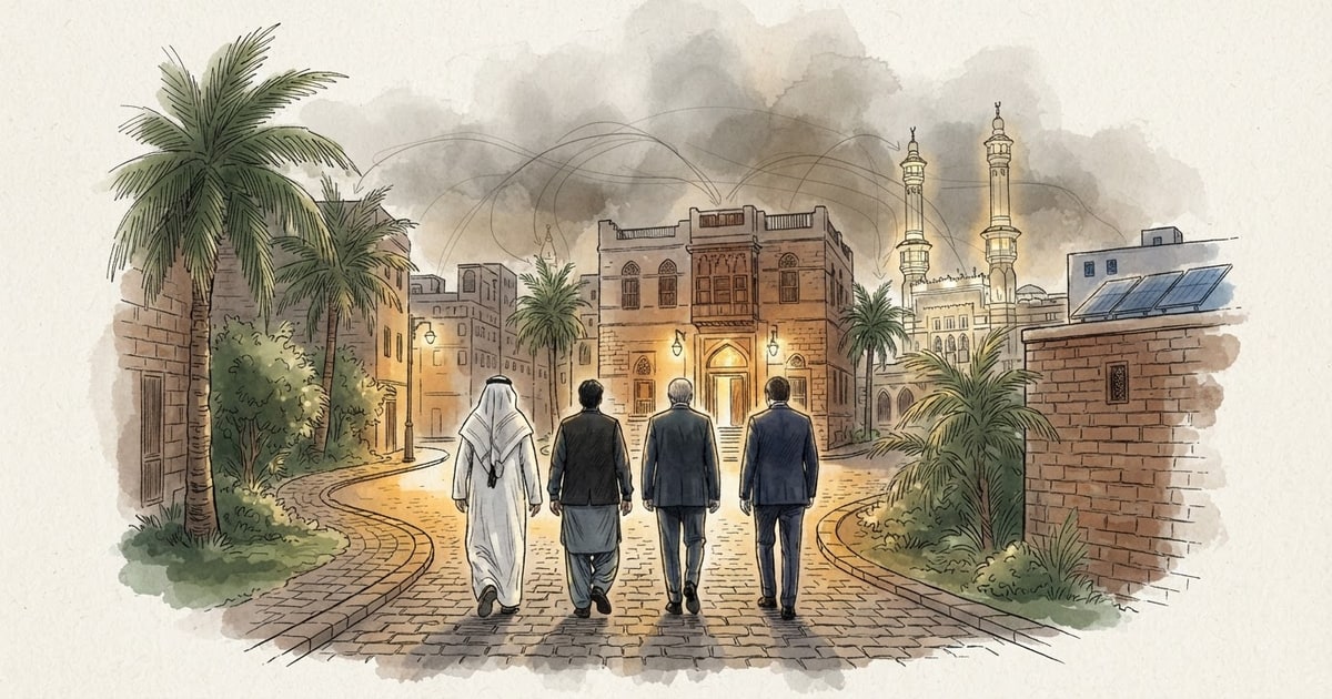 Austere editorial image representing the Pressure Systems edition “Mecca Defence Pact Redefines Middle Eastern Security Architecture”.