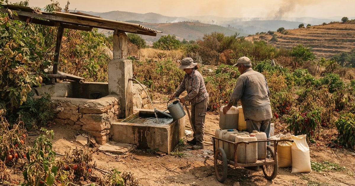 Austere editorial image representing the Pressure Systems edition “Wildfires and Droughts Hammer Global Farm Labor and Food Chains”.
