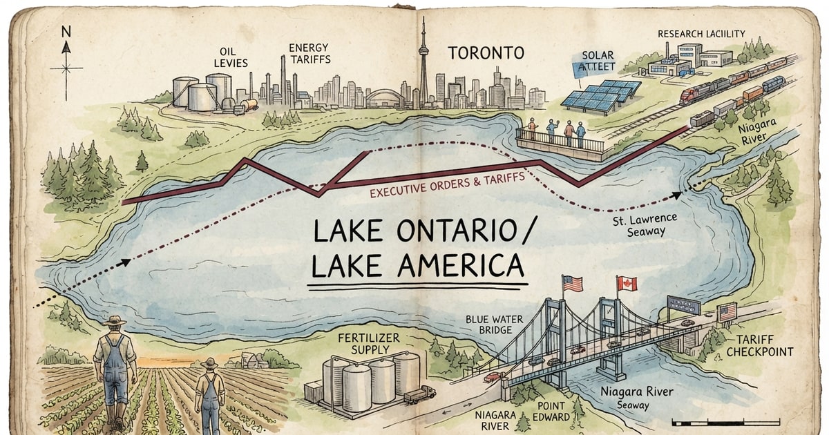 Austere editorial image representing the Pressure Systems edition “Lake America Executive Orders Meet Canadian Energy Tariffs”.