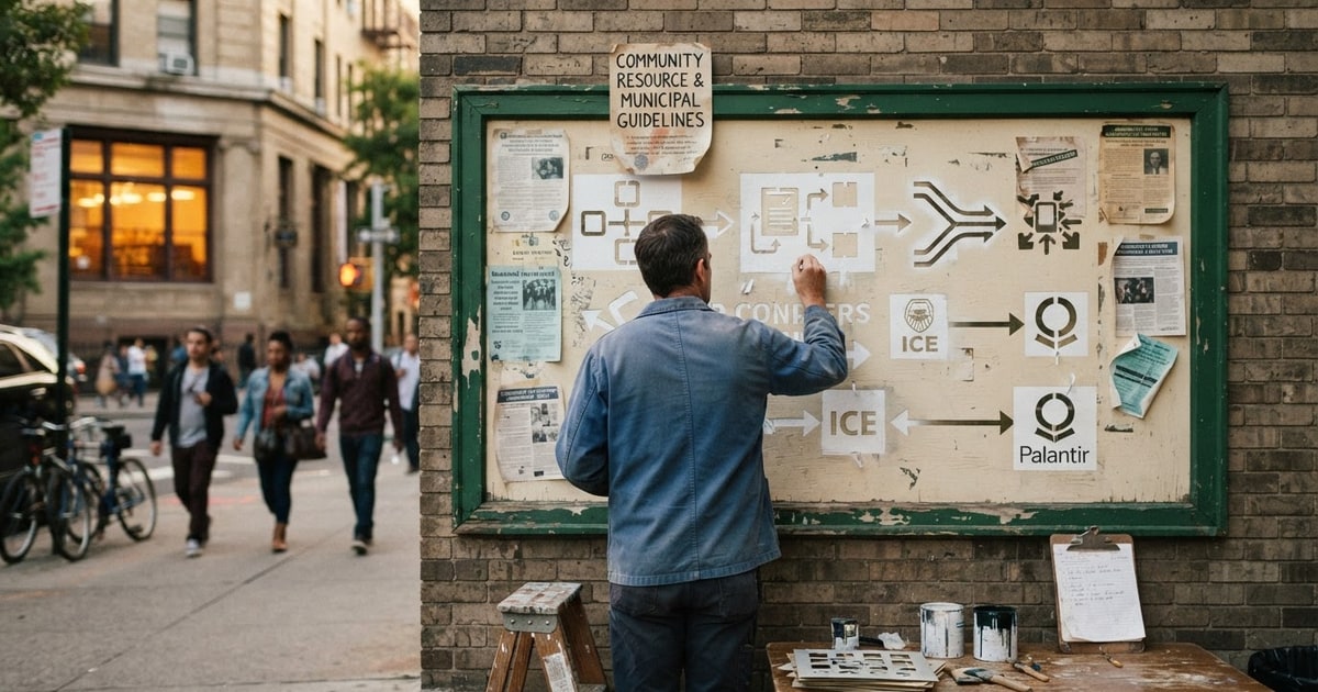 Austere editorial image representing the Pressure Systems edition “Palantir Apps and ICE Databases Weaponize Federal Enforcement”.