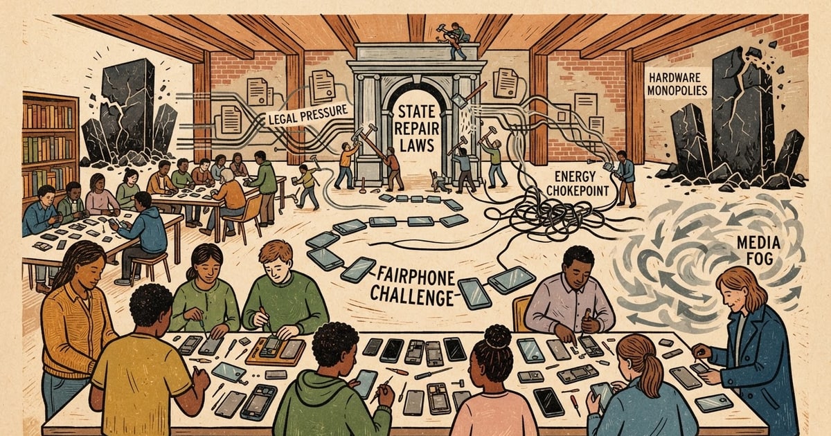 Austere editorial image representing the Pressure Systems edition “State Repair Laws and Fairphone Challenge Hardware Monopolies”.