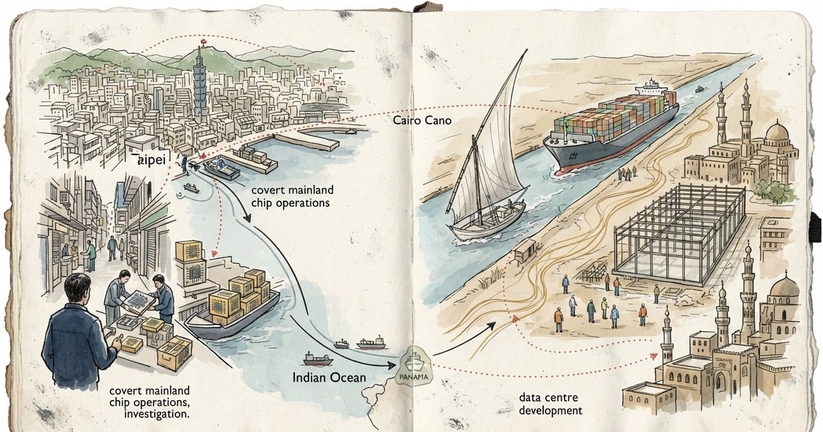 Austere editorial image representing the Pressure Systems edition “Taiwan Chip Raids and Suez Corridors Trace US-China Rivalry”.