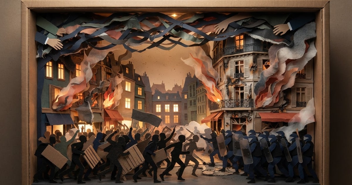 Austere editorial image representing the Pressure Systems edition “France and Italy Suppress Viral Youth Riots”.