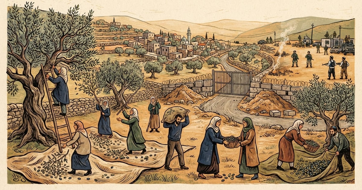 Austere editorial image representing the Pressure Systems edition “Israeli Lockdowns and Settler Raids Sever West Bank Harvest”.