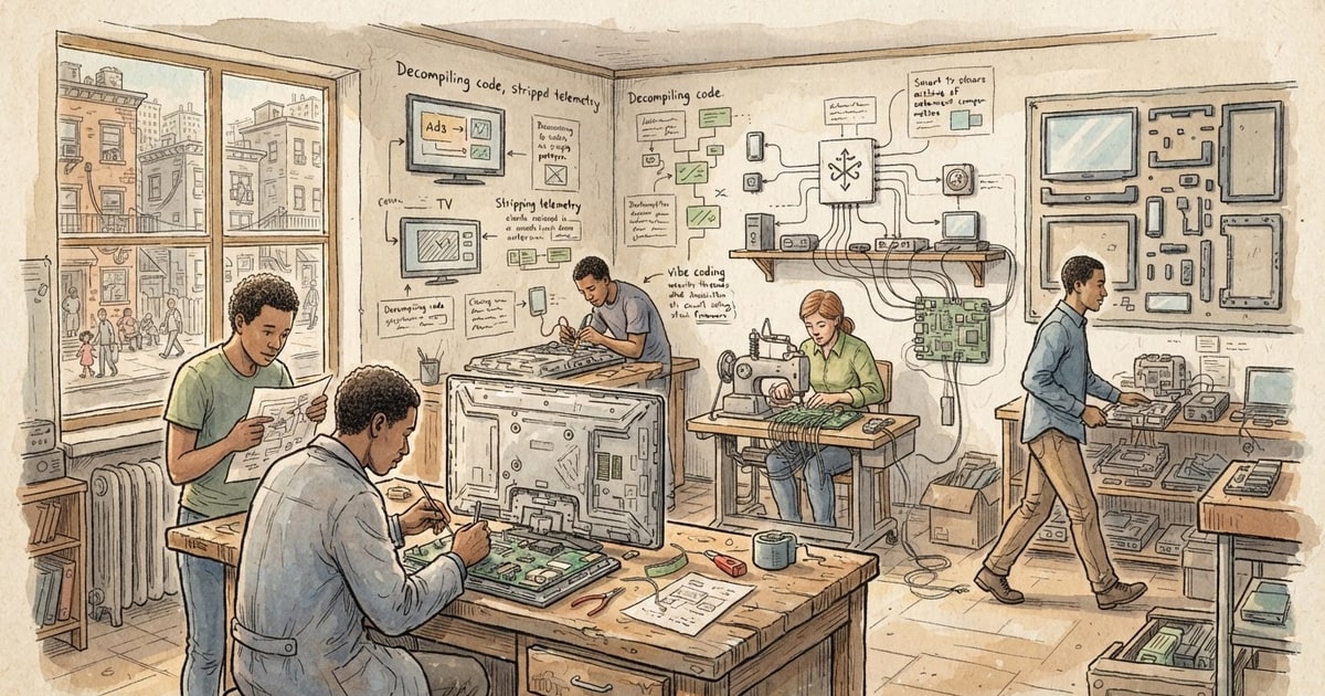Austere editorial image representing the Pressure Systems edition “AI Decompilers Strip Smart TVs and Clone Proprietary Apps”.